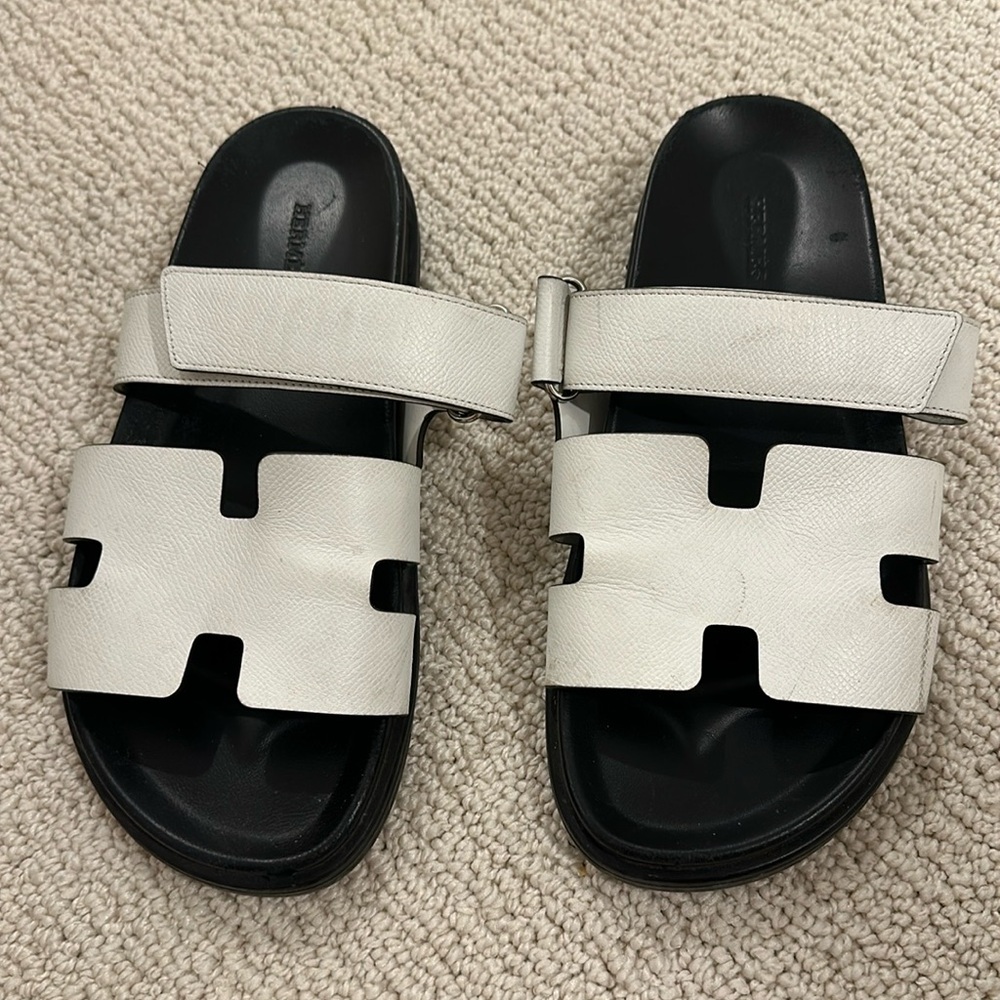 Hermes White and Black Leather Slide Sandals